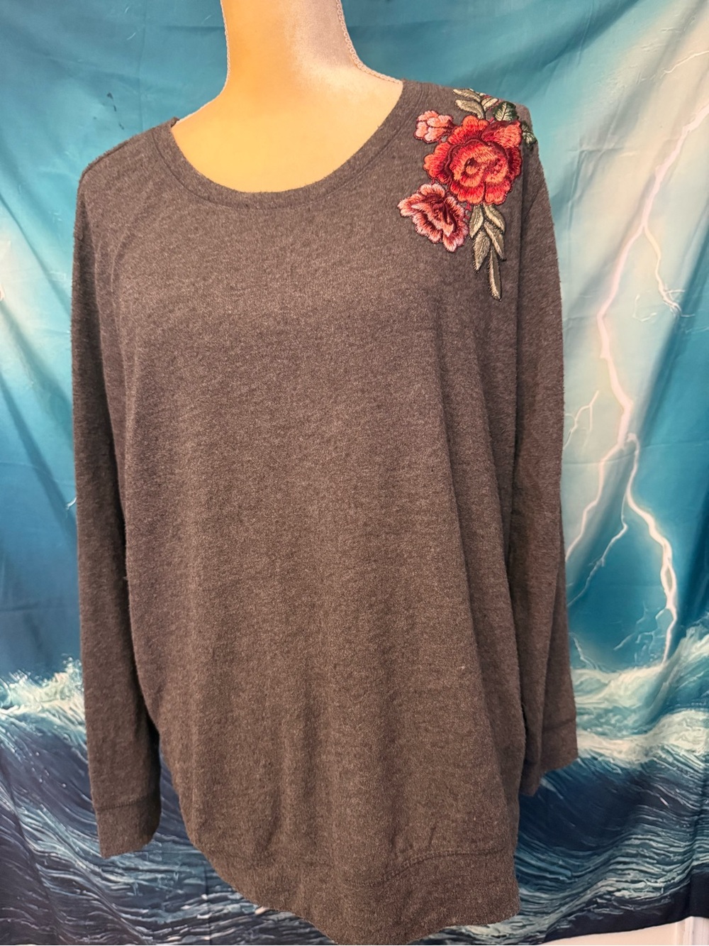 torrid Charcoal Gray Pullover with Red Rose Shoulder Embroidery